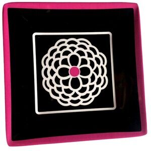 Waverly Salad Dessert App Plates Set of 4 Black Fushia Pom Pom Play 8" Square